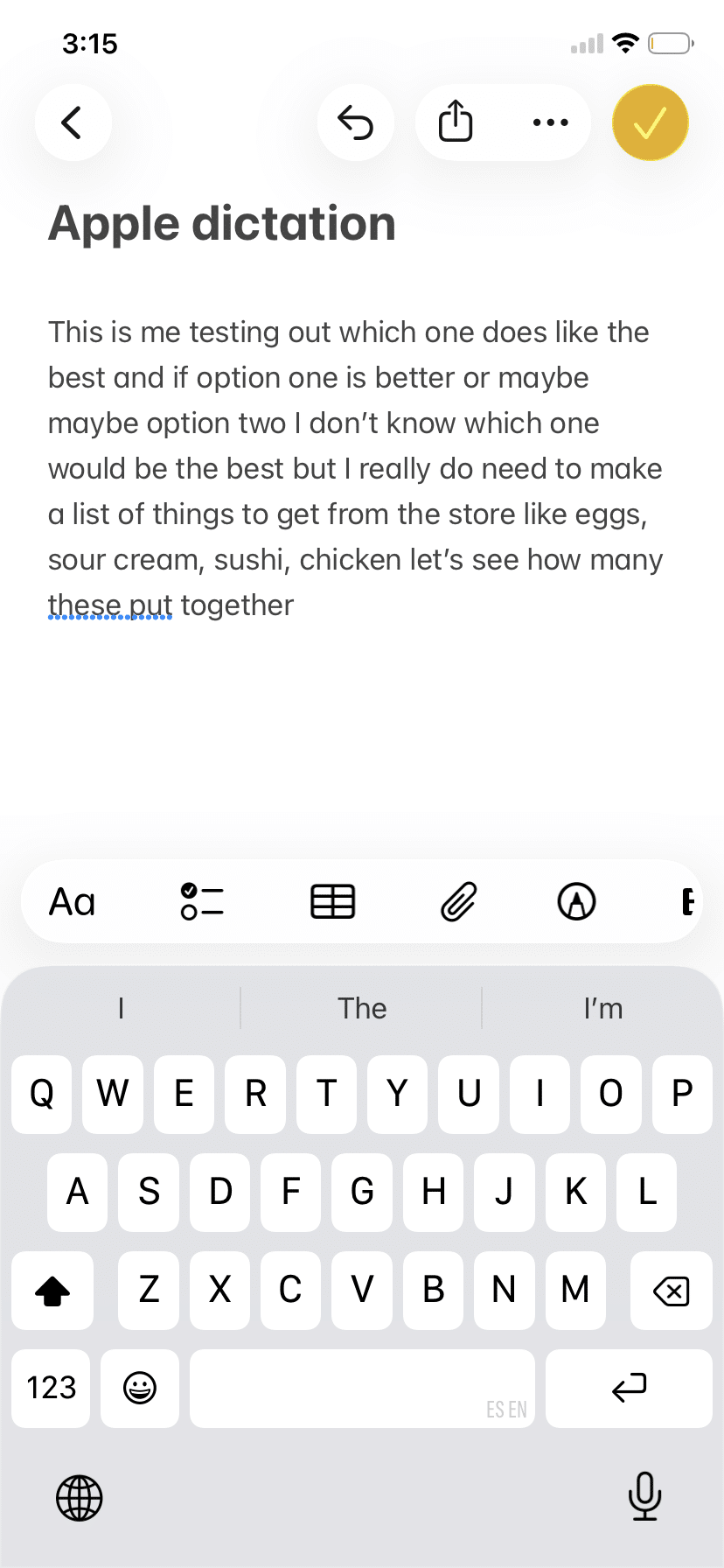 Apple Dictation raw transcription output with filler words and self-corrections